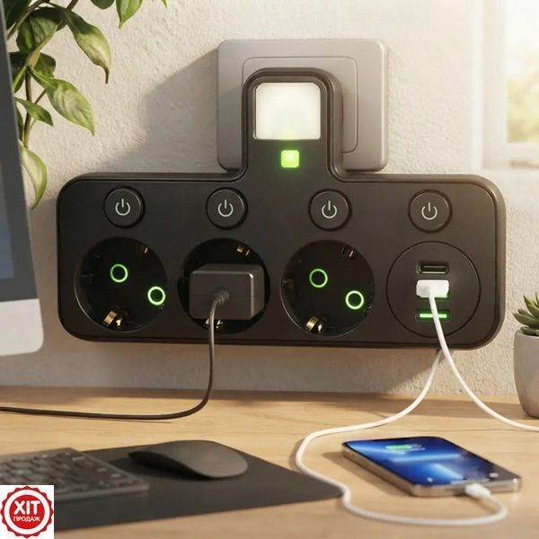 Мережевий фільтр з підсвічуванням 2500Вт, 3 розетки (2хUSB + Type-C) J24U, Чорний / Мережевий трійник / Розгалужувач у розетку  0234573763 фото