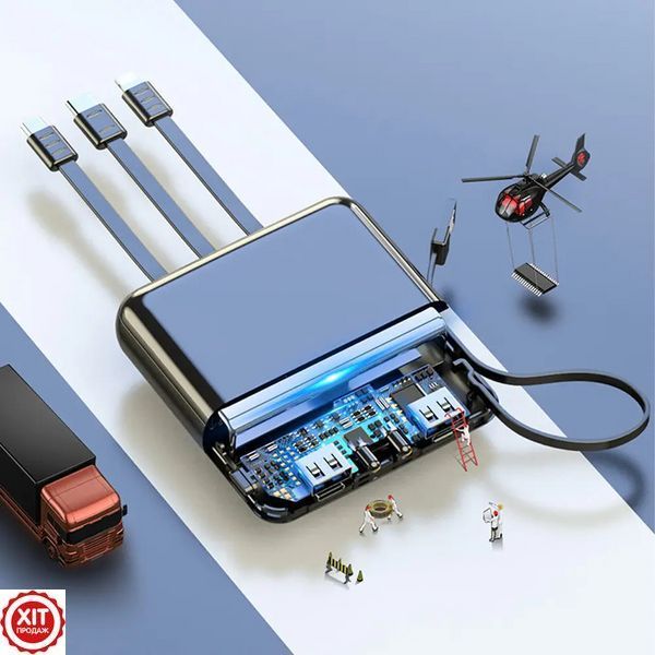 Міні повербанк 10000mAh + 4 кабелі, 2хUSB, JM001, Синій / Power Bank з ліхтариком / Павербанк для телефону 0234578484 фото